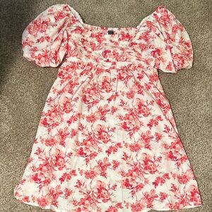 SHEIN Pink Floral Puff-Sleeve Smocked Dress